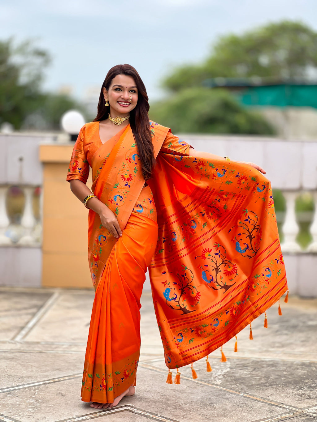 Mameraa Sarees Orange Faux Banarasi Silk Saree With Paithani Rich Weaved Pallu And Blouse-Orange | Grocsy