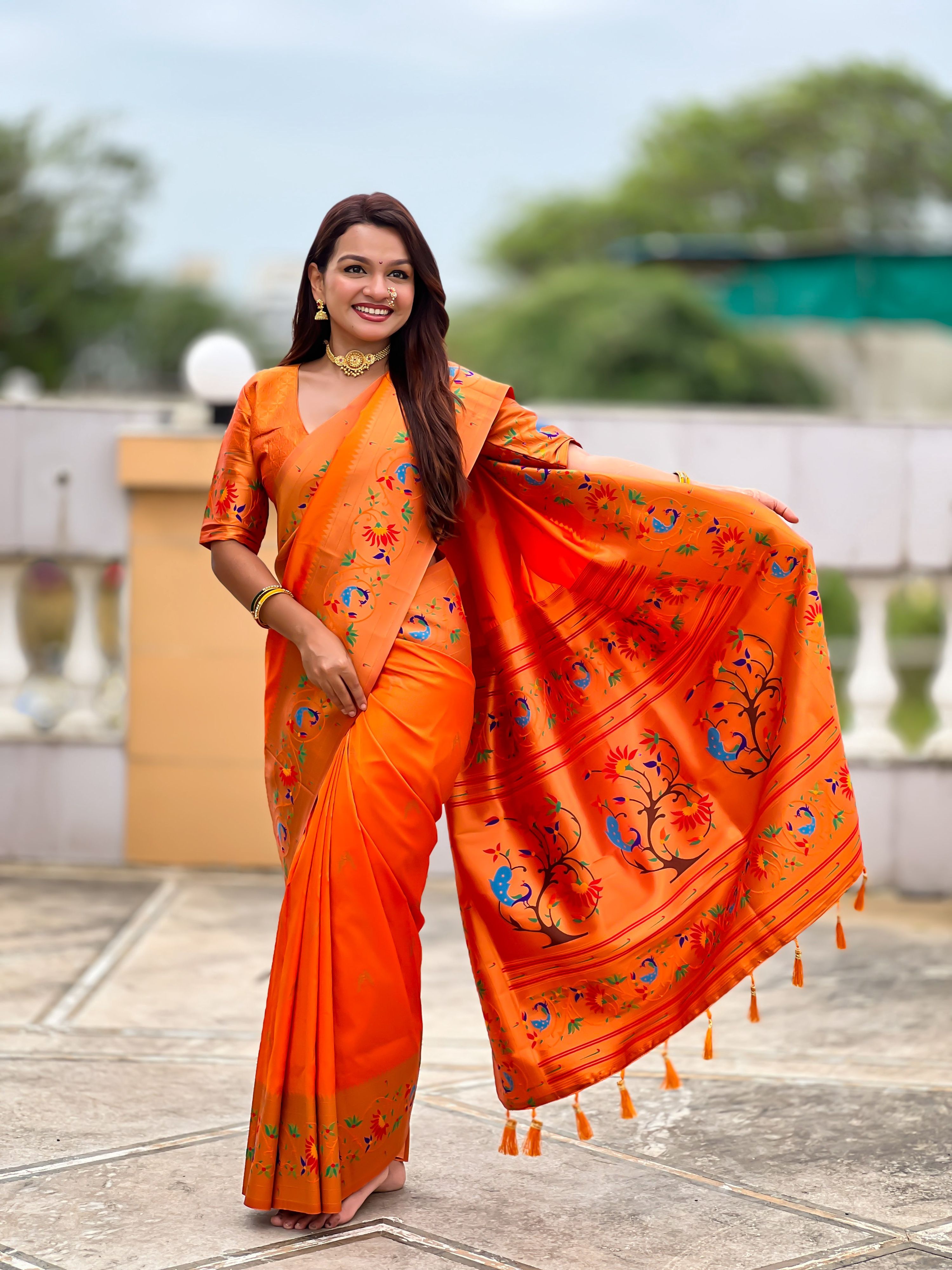 Mameraa Sarees Orange Faux Banarasi Silk Saree With Paithani Rich Weaved Pallu And Blouse-Orange | Grocsy