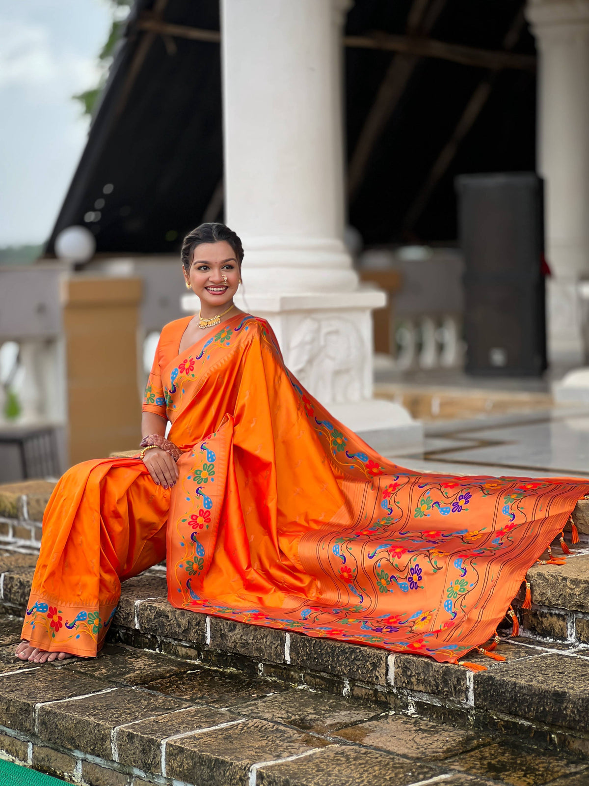 Mameraa Sarees Orange Faux Banarasi Silk Saree With Paithani Rich Weaved Pallu And Blouse-Orange | Grocsy