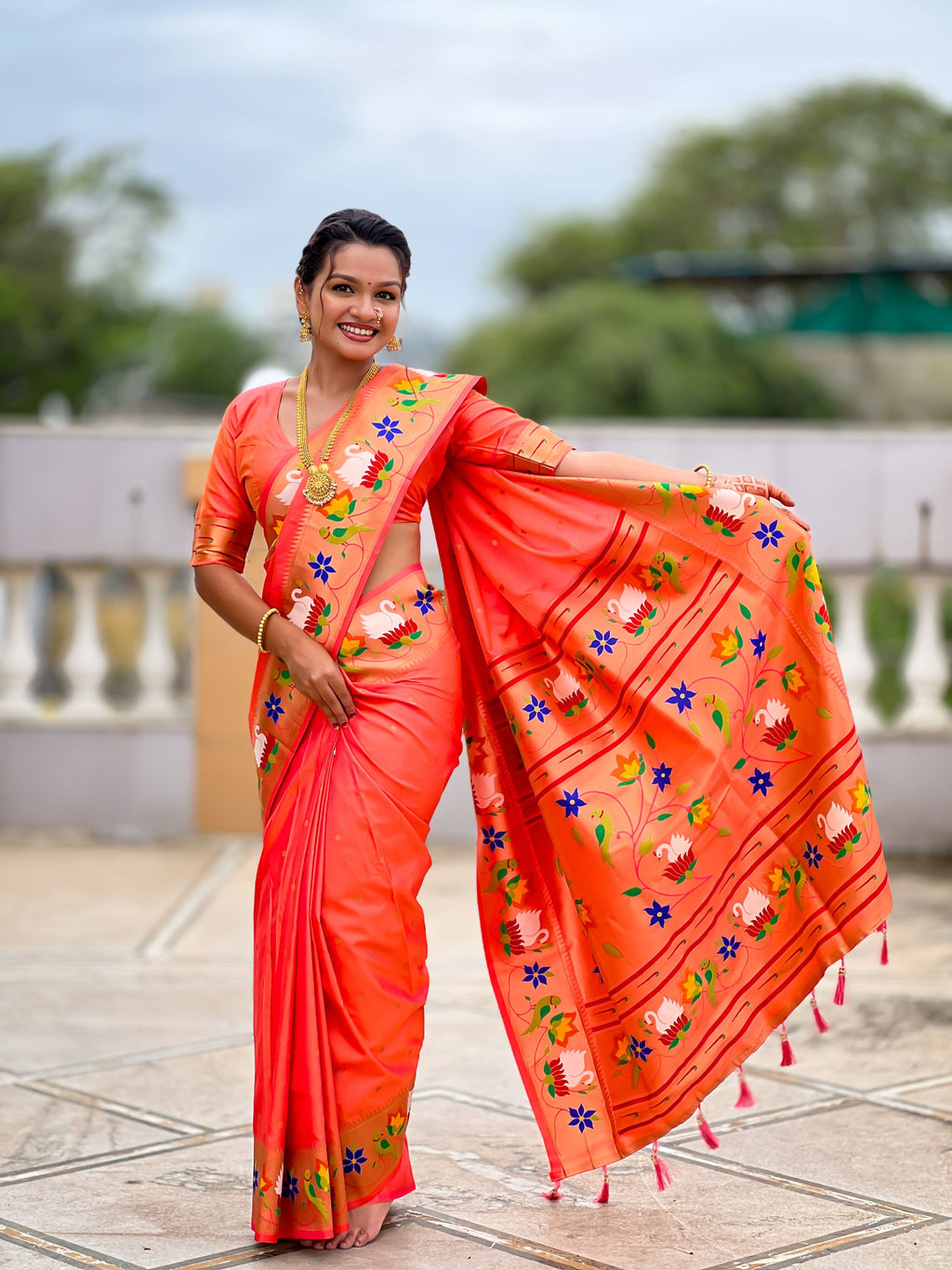Mameraa Sarees Orange Faux Banarasi Silk Saree With Paithani Rich Weaved Pallu And Blouse-Orange | Grocsy