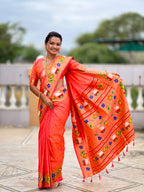 Mameraa Sarees Orange Faux Banarasi Silk Saree With Paithani Rich Weaved Pallu And Blouse-Orange | Grocsy