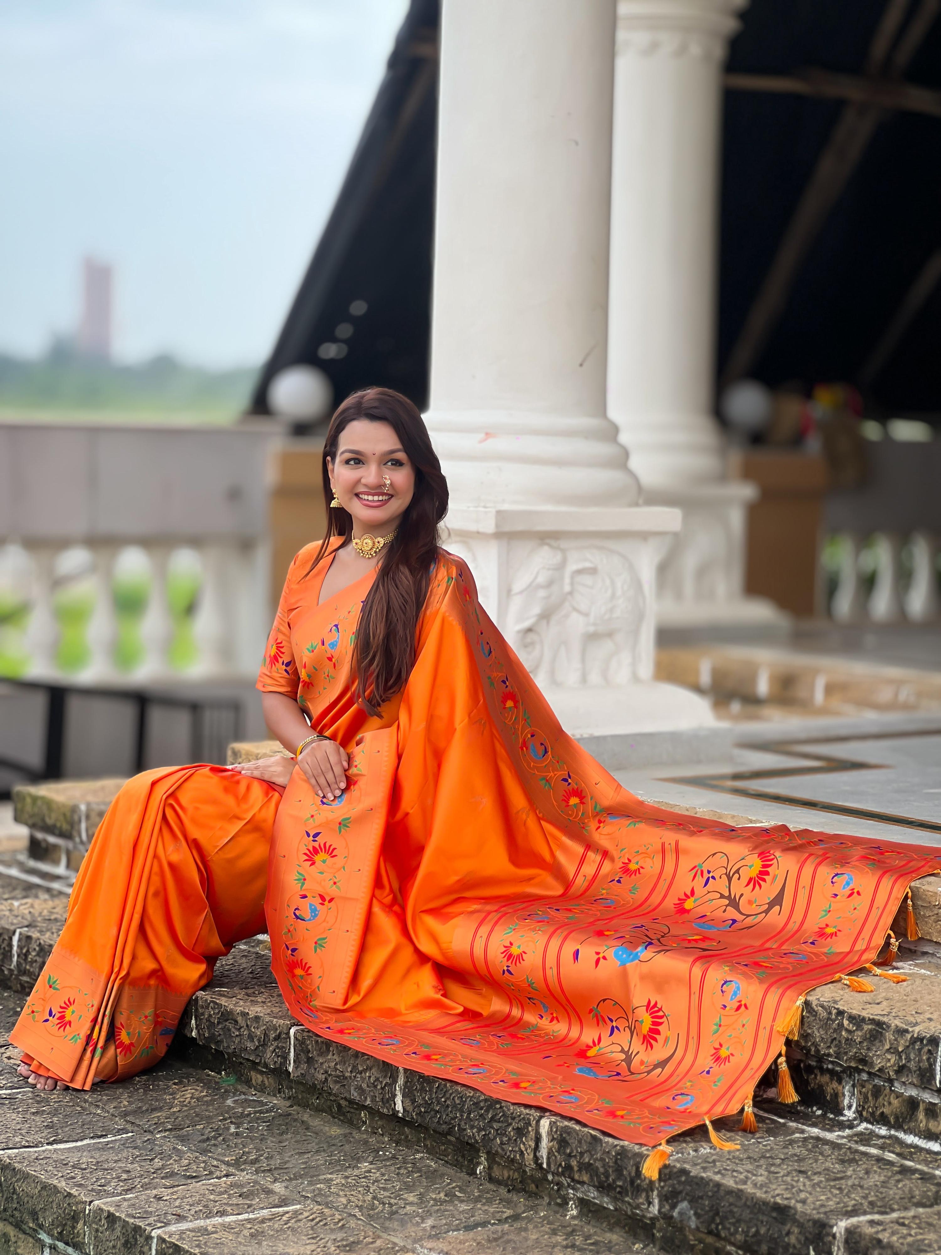 Mameraa Sarees Orange Faux Banarasi Silk Saree With Paithani Rich Weaved Pallu And Blouse-Orange | Grocsy