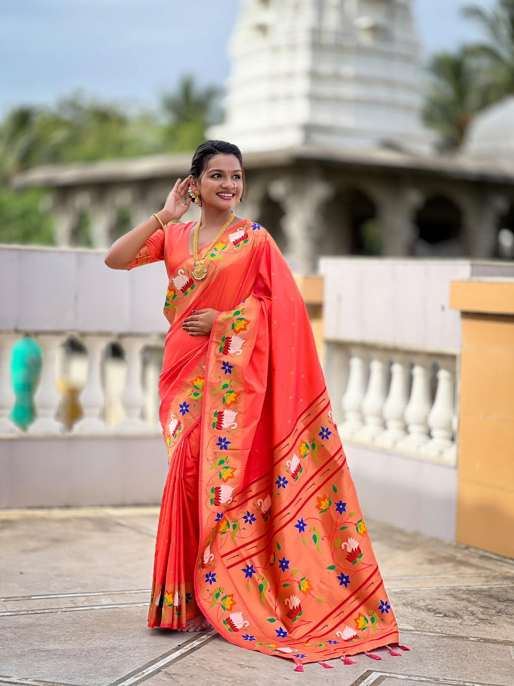 Mameraa Sarees Orange Faux Banarasi Silk Saree With Paithani Rich Weaved Pallu And Blouse-Orange | Grocsy