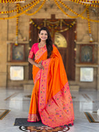 Mameraa Sarees Orange Faux Banarasi Silk Saree With Paithani Rich Weaved Pallu And Blouse-Orange | Grocsy