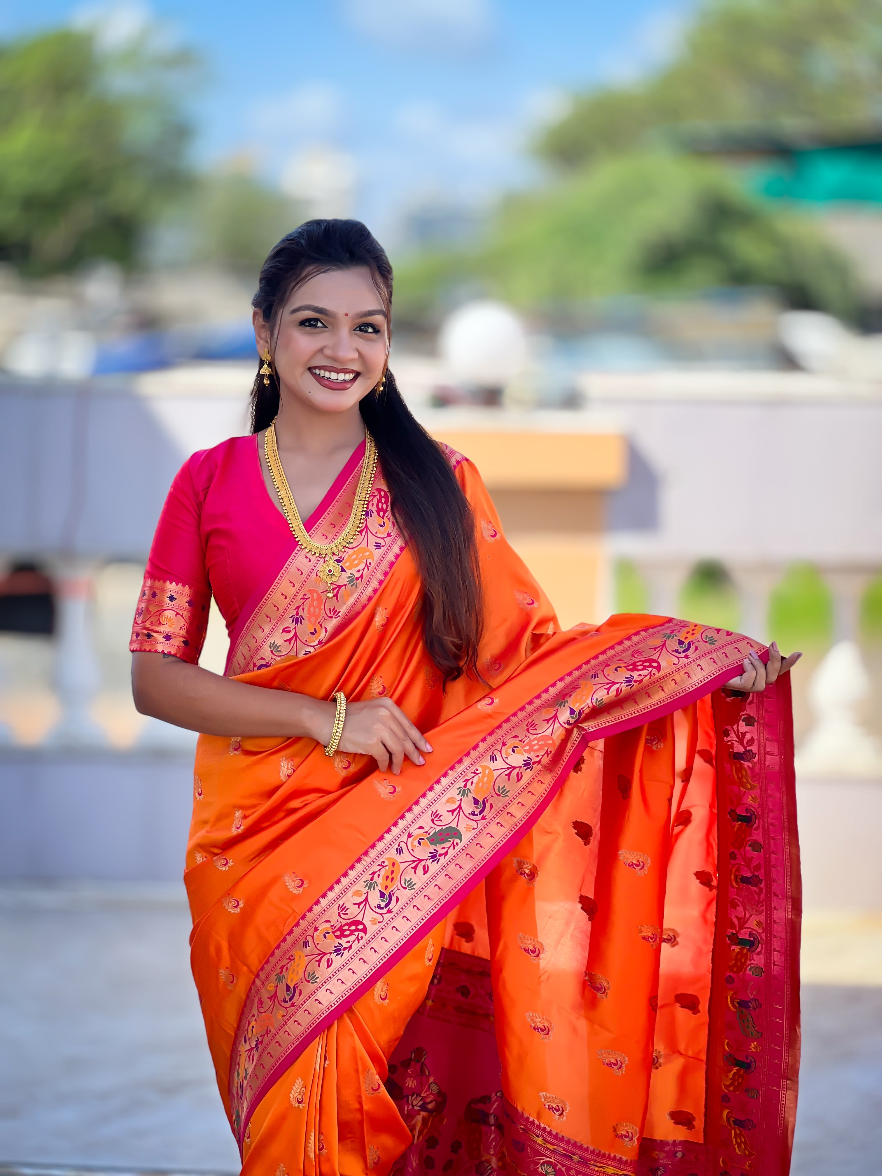 Mameraa Sarees Orange Faux Banarasi Silk Saree With Paithani Rich Weaved Pallu And Blouse-Orange | Grocsy