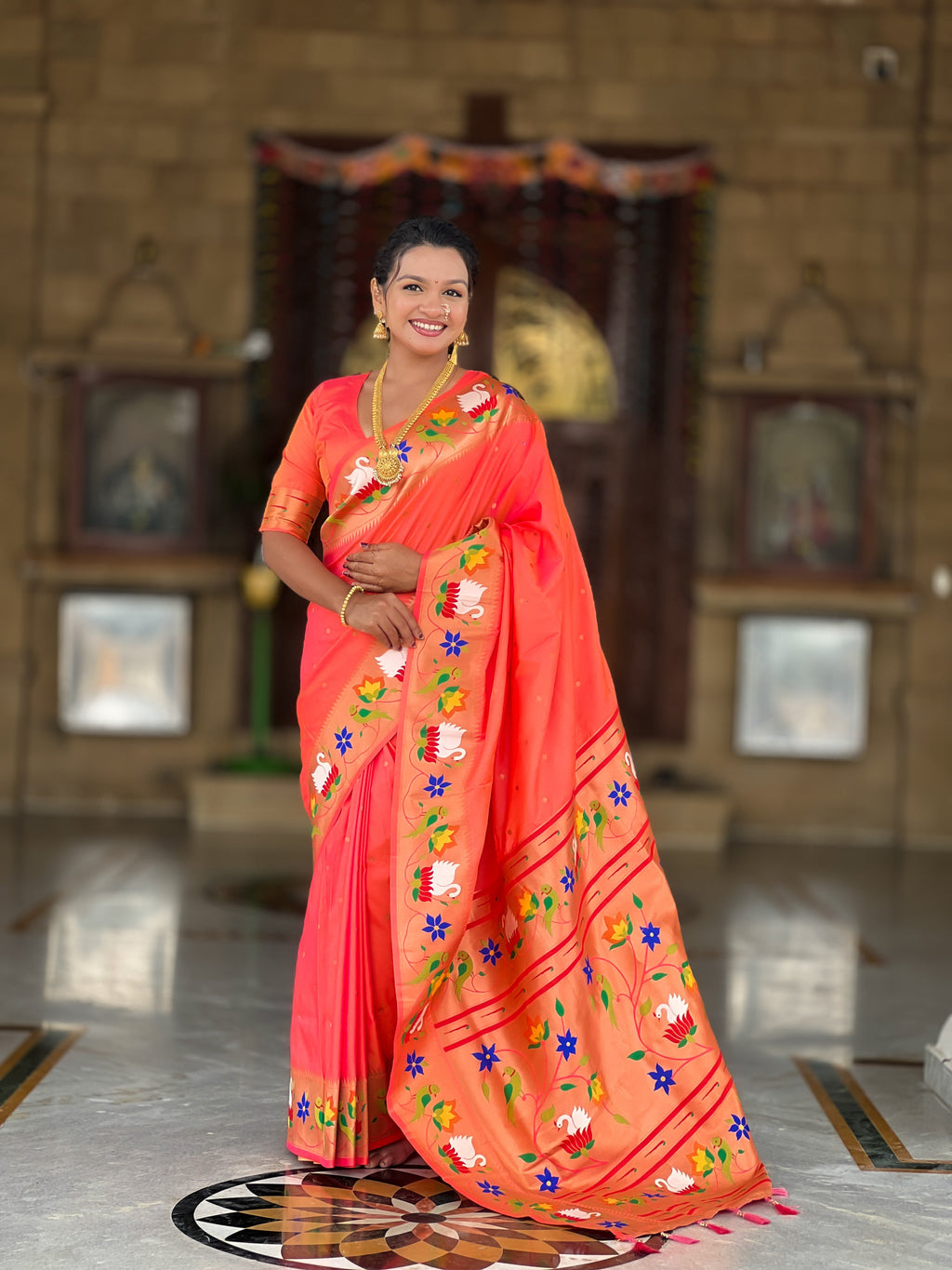 Mameraa Sarees Orange Faux Banarasi Silk Saree With Paithani Rich Weaved Pallu And Blouse-Orange | Grocsy