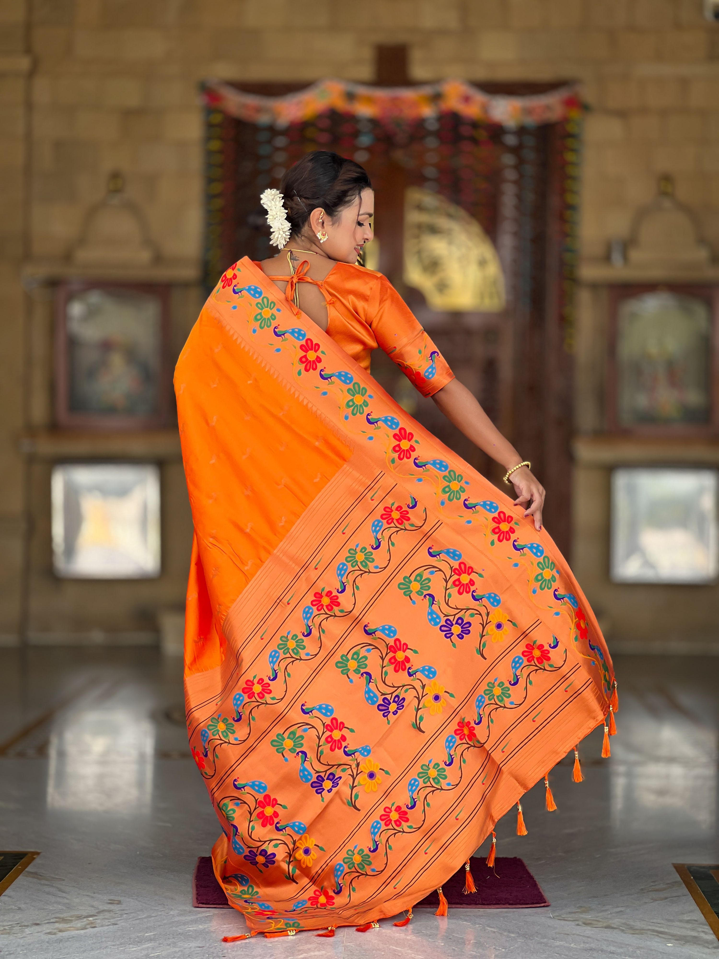 Mameraa Sarees Orange Faux Banarasi Silk Saree With Paithani Rich Weaved Pallu And Blouse-Orange | Grocsy
