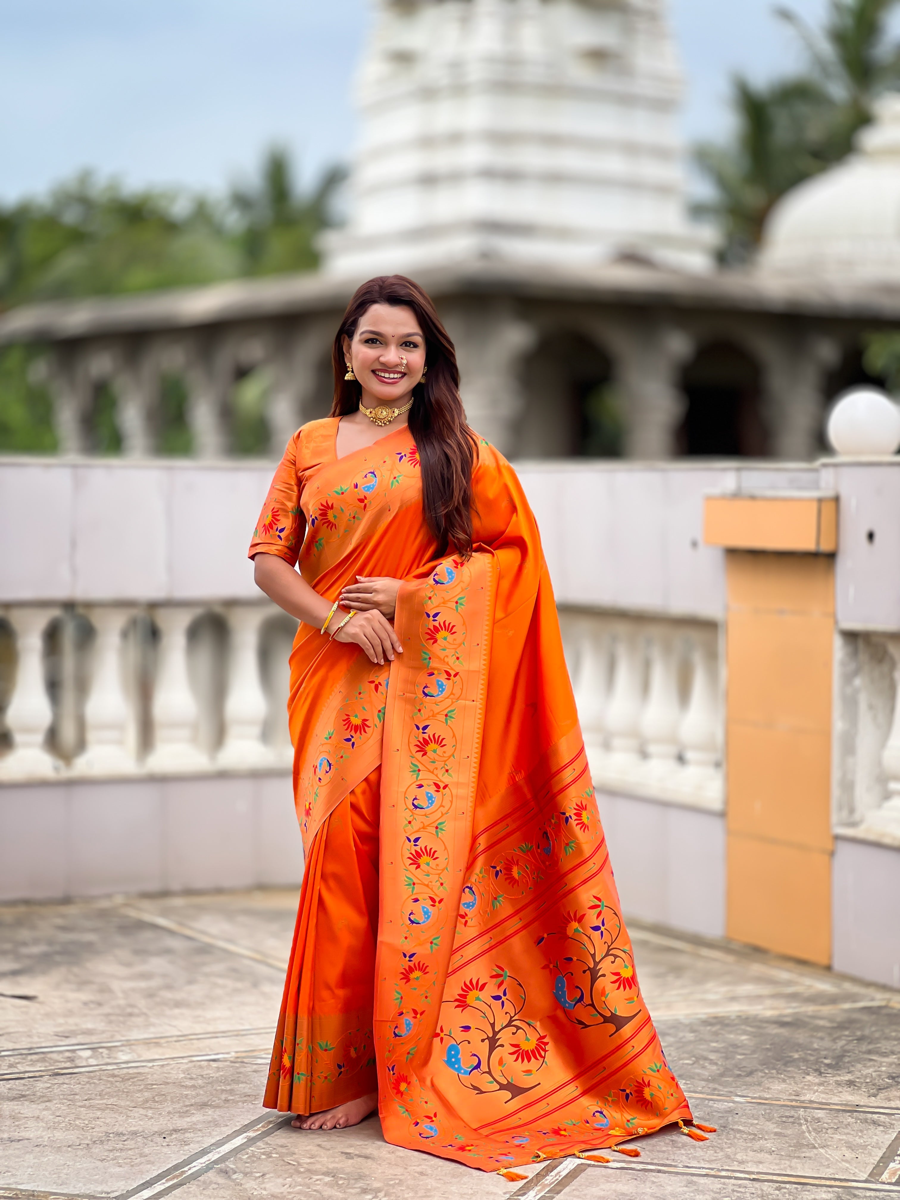 Mameraa Sarees Orange Faux Banarasi Silk Saree With Paithani Rich Weaved Pallu And Blouse-Orange | Grocsy