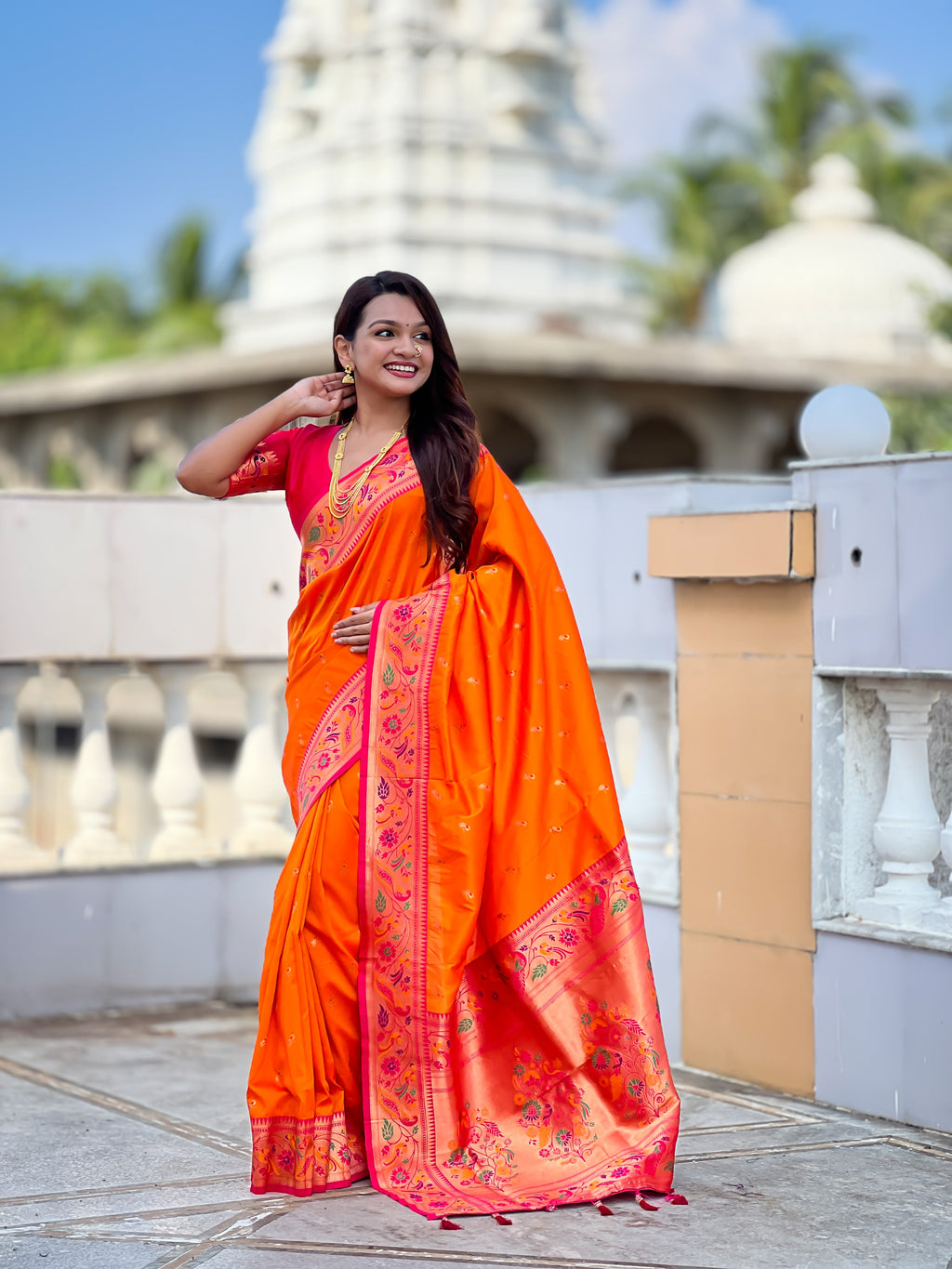 Mameraa Sarees Orange Faux Banarasi Silk Saree With Paithani Rich Weaved Pallu And Blouse-Orange | Grocsy