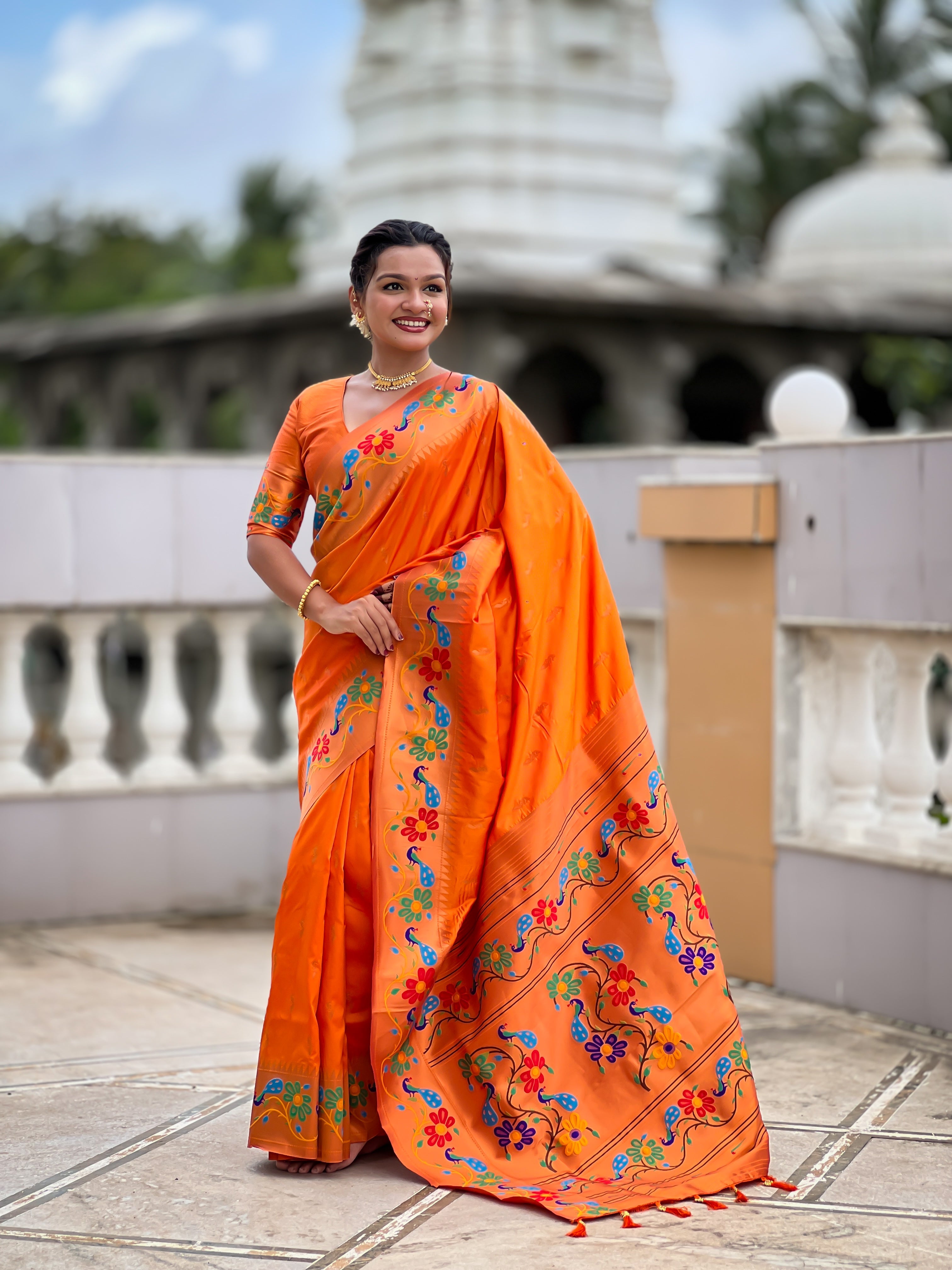 Mameraa Sarees Orange Faux Banarasi Silk Saree With Paithani Rich Weaved Pallu And Blouse-Orange | Grocsy