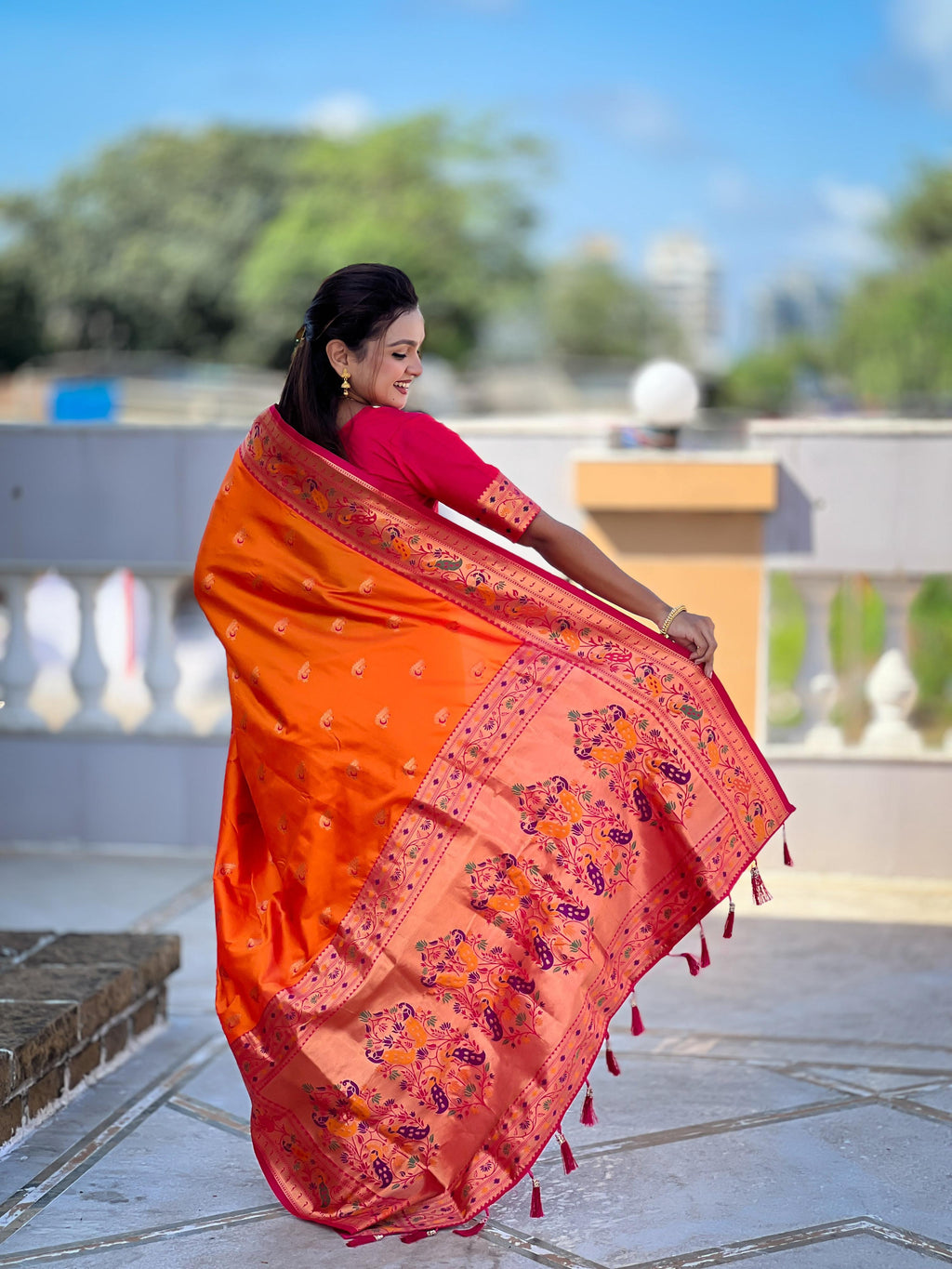 Mameraa Sarees Orange Faux Banarasi Silk Saree With Paithani Rich Weaved Pallu And Blouse-Orange | Grocsy