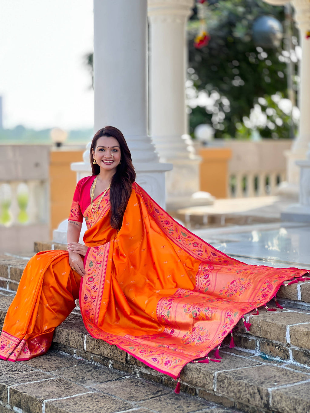 Mameraa Sarees Orange Faux Banarasi Silk Saree With Paithani Rich Weaved Pallu And Blouse-Orange | Grocsy