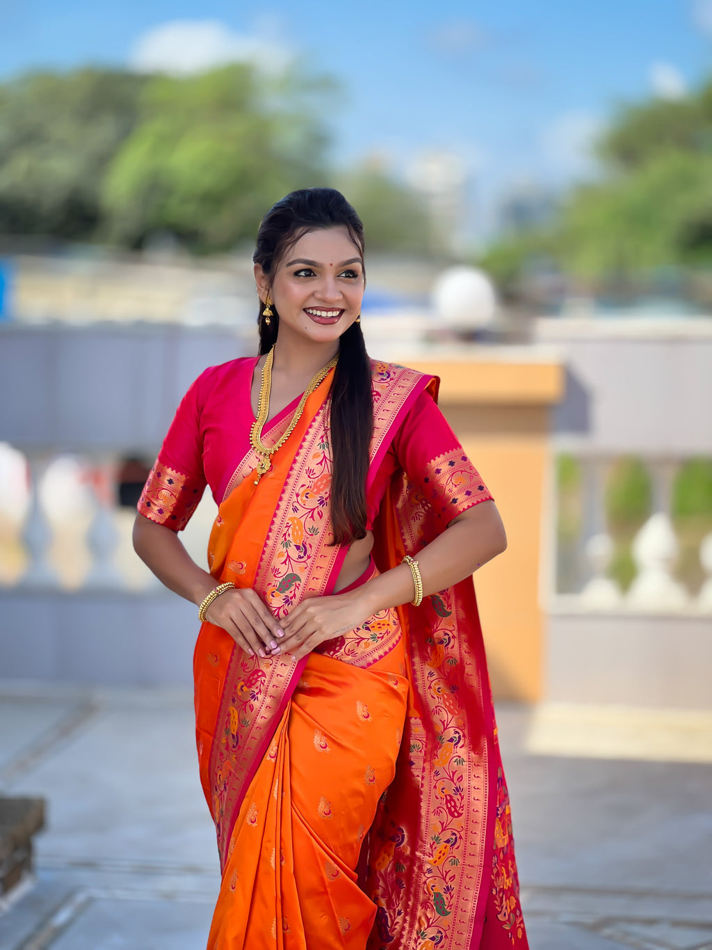 Mameraa Sarees Orange Faux Banarasi Silk Saree With Paithani Rich Weaved Pallu And Blouse-Orange | Grocsy