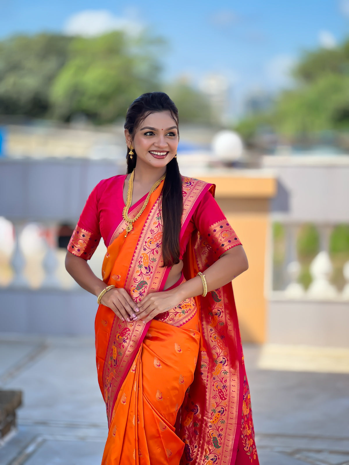 Mameraa Sarees Orange Faux Banarasi Silk Saree With Paithani Rich Weaved Pallu And Blouse-Orange | Grocsy
