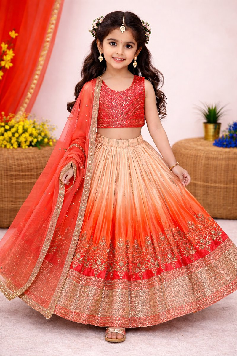 Evanik Orange Designer Chinon Silk Embroidered Work Wedding Lehenga Choli For Kids | Grocsy