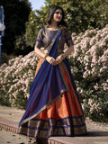 Lorenvalley Orange Kanchipuram Zari Weaving Work Lehenga Choli with Dupatta | Grocsy