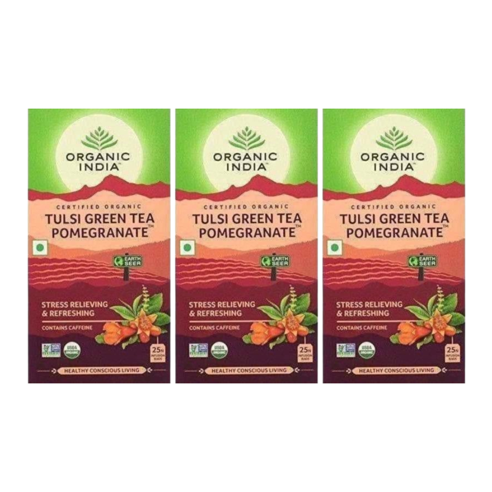 Organic India Tulsi Green Tea, Pomegranate, 25 Tea Bags | Grocsy