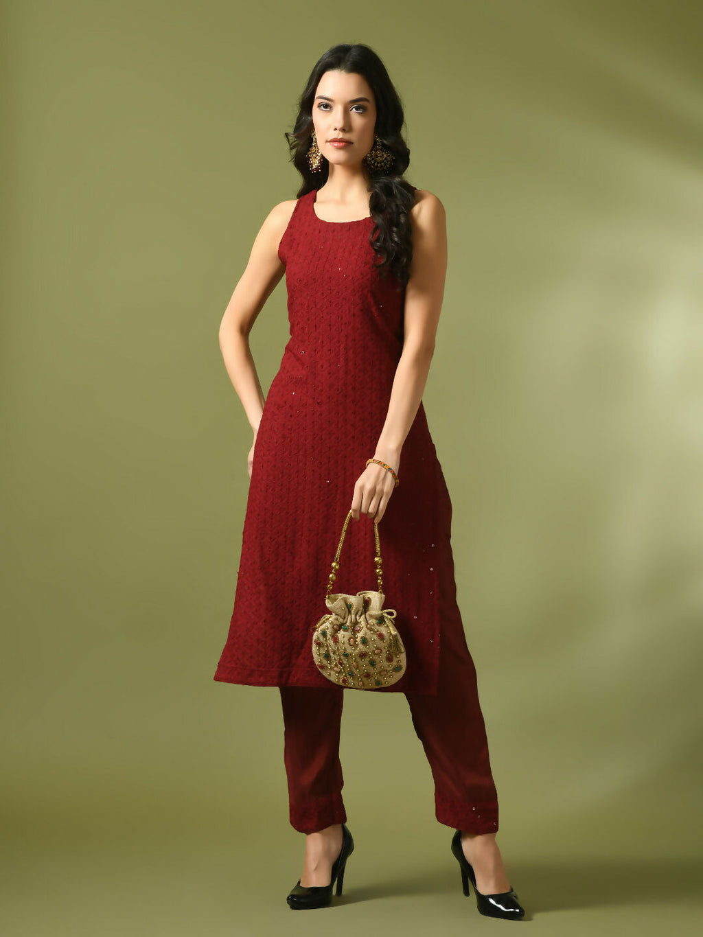 Myshka Women's Maroon Embroidered Cotton Straight Party Kurta Set | Grocsy