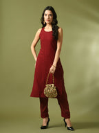 Myshka Women's Maroon Embroidered Cotton Straight Party Kurta Set | Grocsy