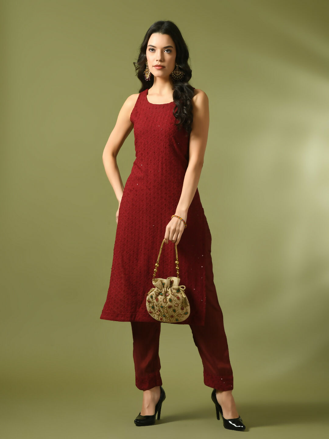 Myshka Women's Maroon Embroidered Cotton Straight Party Kurta Set | Grocsy