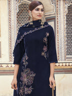 Jyoti Fashion Women's Navy Blue Velvet Resham Thread with Jari & Sequin Kurta with Trouser & Dupatta | Grocsy