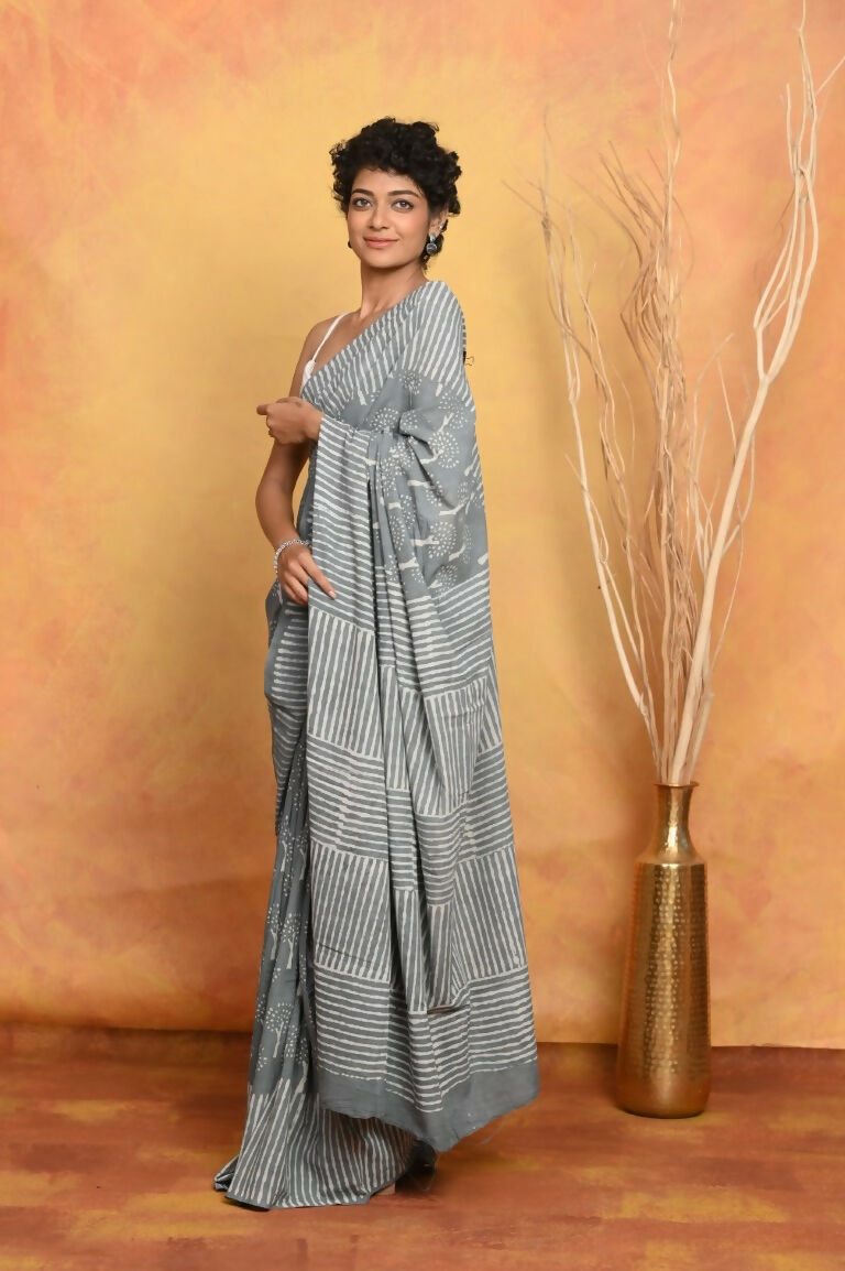 Very Much Indian Handblock Printed Cotton Saree With Natural Dyes - Grey | Grocsy
