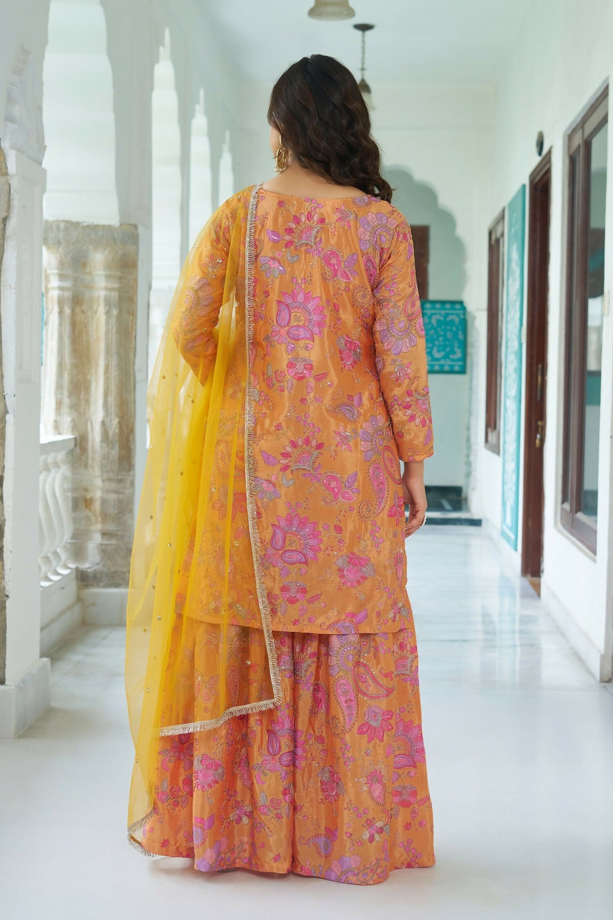 Joban Fashion Yellow Kurta Set Chinnon Embroidery Sequence Work | Grocsy