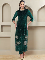 Joban Fashion Women Green Velvet Hand Embellishment Stitched Kurta Set | Grocsy
