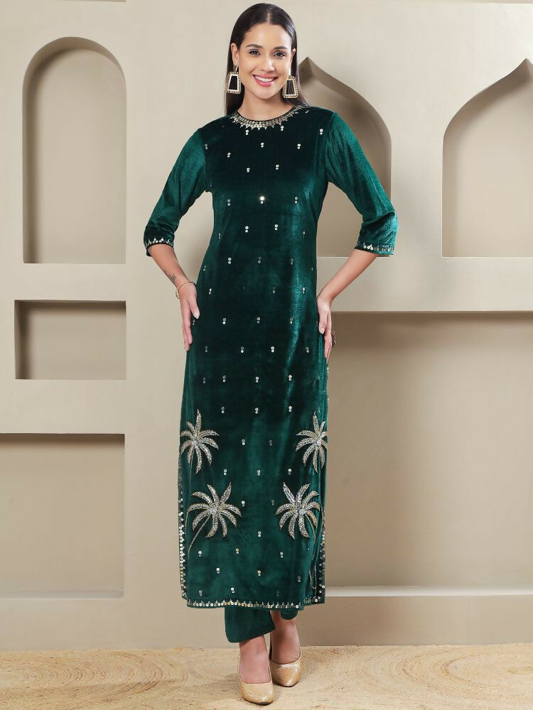 Joban Fashion Women Green Velvet Hand Embellishment Stitched Kurta Set | Grocsy