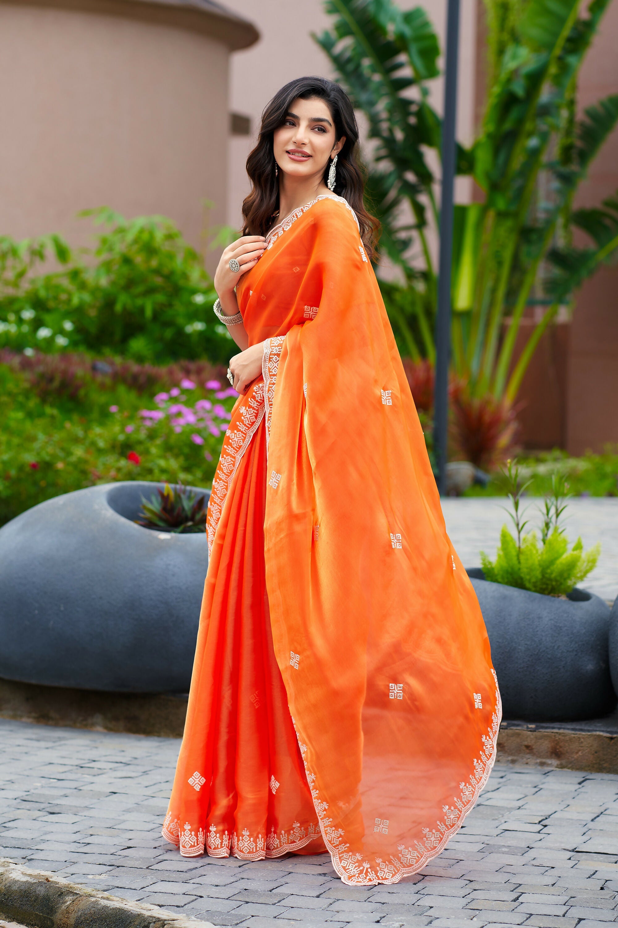 Vastranavya Orange Embroidery Work Shimmer Chiffon Saree with Unstitched Blouse | Grocsy