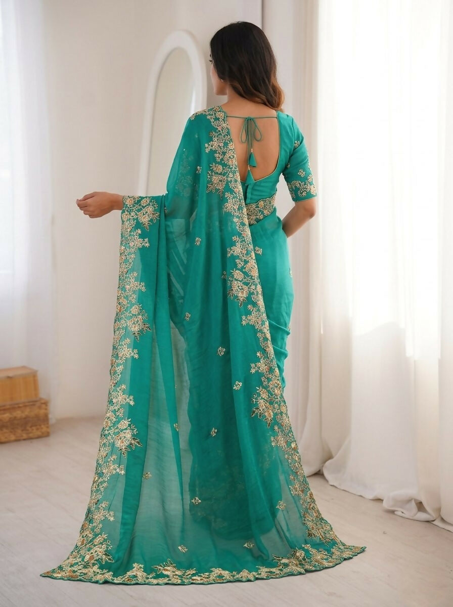 Teeya Creation New Womens Latest Party Wear Soft Chiffon Silk Saree-Teal | Grocsy