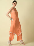 Myshka Women's Peach Embroidered Kurta With Palazzo | Grocsy