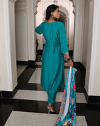 Jyoti Fashion Women's Teal Viscos Simmer Hand Work with Floral Printed Kurta Set | Grocsy