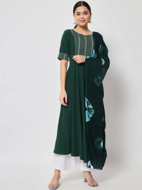 FIORRA Women's Bottle Green Poly Crepe Flared Kurta With Dupatta | Grocsy