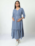Manet Three Fourth Maternity Dress Striped With Concealed Zipper Nursing Access - Blue | Grocsy
