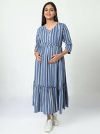Manet Three Fourth Maternity Dress Striped With Concealed Zipper Nursing Access - Blue | Grocsy