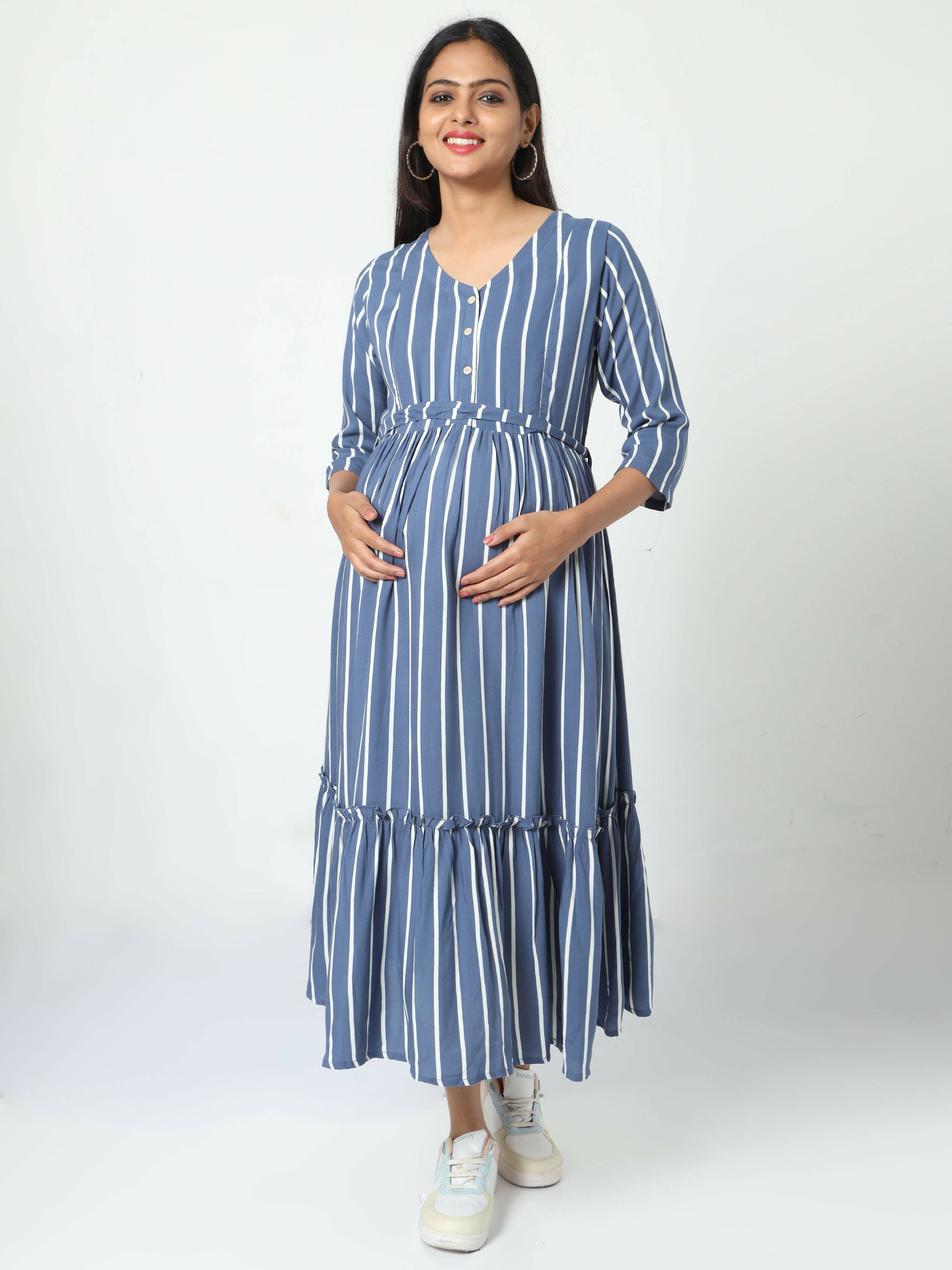 Manet Three Fourth Maternity Dress Striped With Concealed Zipper Nursing Access - Blue | Grocsy