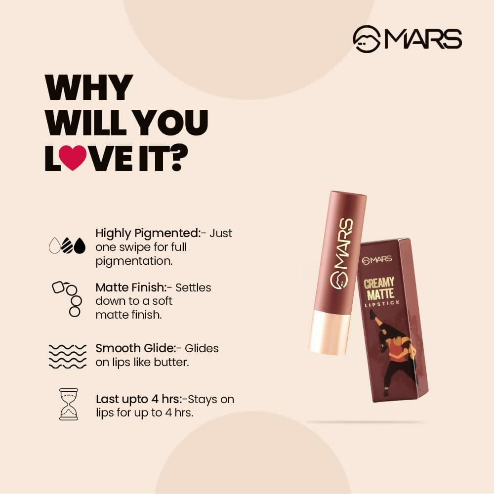 MARS Cosmetics Creamy Matte Long Lasting Lipstick For Women (12-Khoobsurat Kuchipudi) | Grocsy