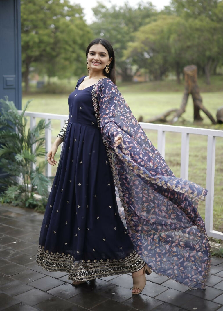 Jyoti Fashion Women's Navy Blue Faux Blooming Sequins with Zari Embroidery Anarkali Dress with Dupatta | Grocsy