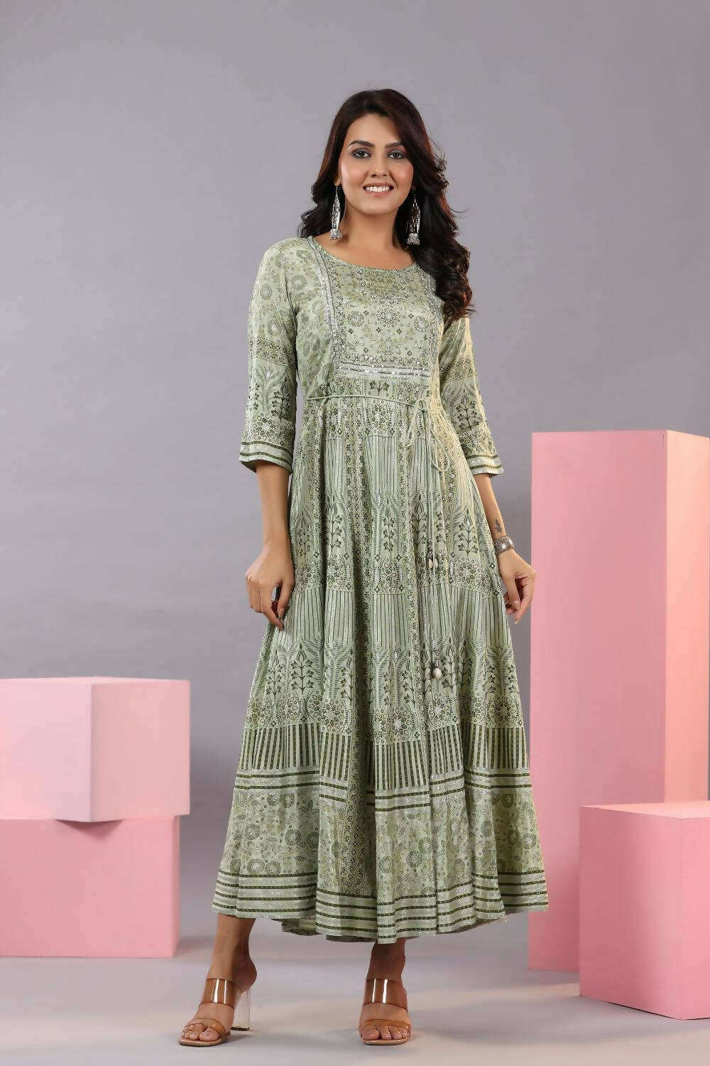 Juniper Women Olive Green Shantoon Floral Printed Maxi Dress | Grocsy