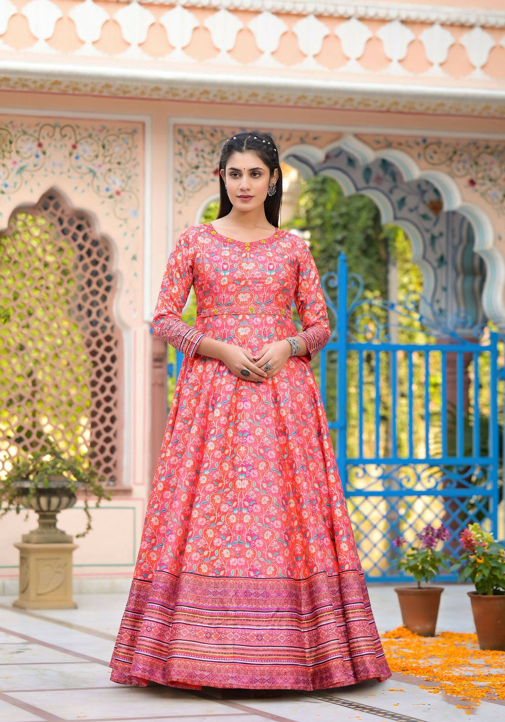 Functional Designer Red-Orange Dola Silk Anarkali suit with Dupatta - Ramya | Grocsy