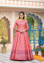 Functional Designer Red-Orange Dola Silk Anarkali suit with Dupatta - Ramya | Grocsy