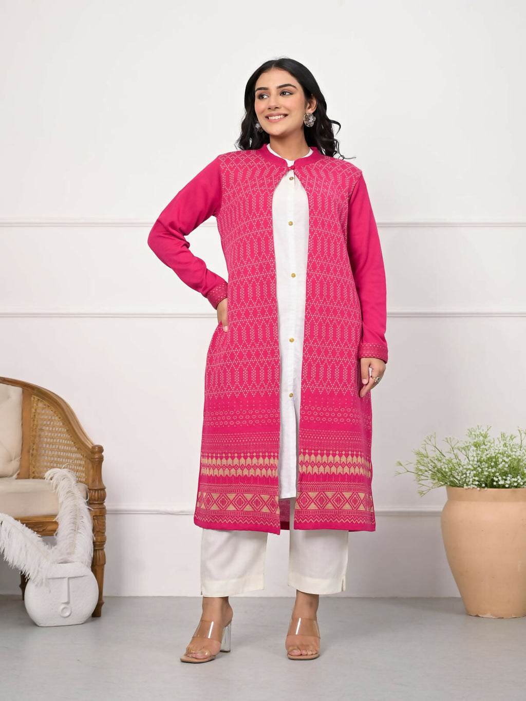 Juniper Women's Pink Ethnic Motif Printed Cotton Long Winter Wear Jacket | Grocsy