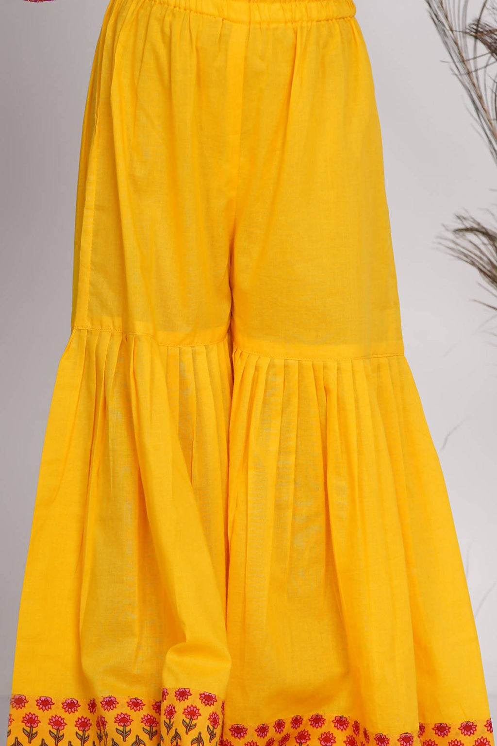 Little Bansi Girls Cotton Kurta frock with booti work,Sharara & Dupatta - Yellow | Grocsy