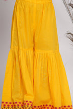Little Bansi Girls Cotton Kurta frock with booti work,Sharara & Dupatta - Yellow | Grocsy