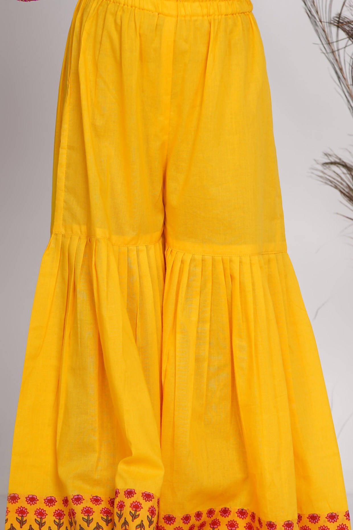 Little Bansi Girls Cotton Kurta frock with booti work,Sharara & Dupatta - Yellow | Grocsy