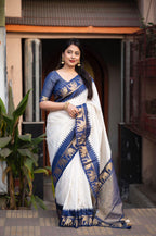Nblue Silk Zari Woven Saree with Unstitched Blouse - Hiral Fashion | Grocsy