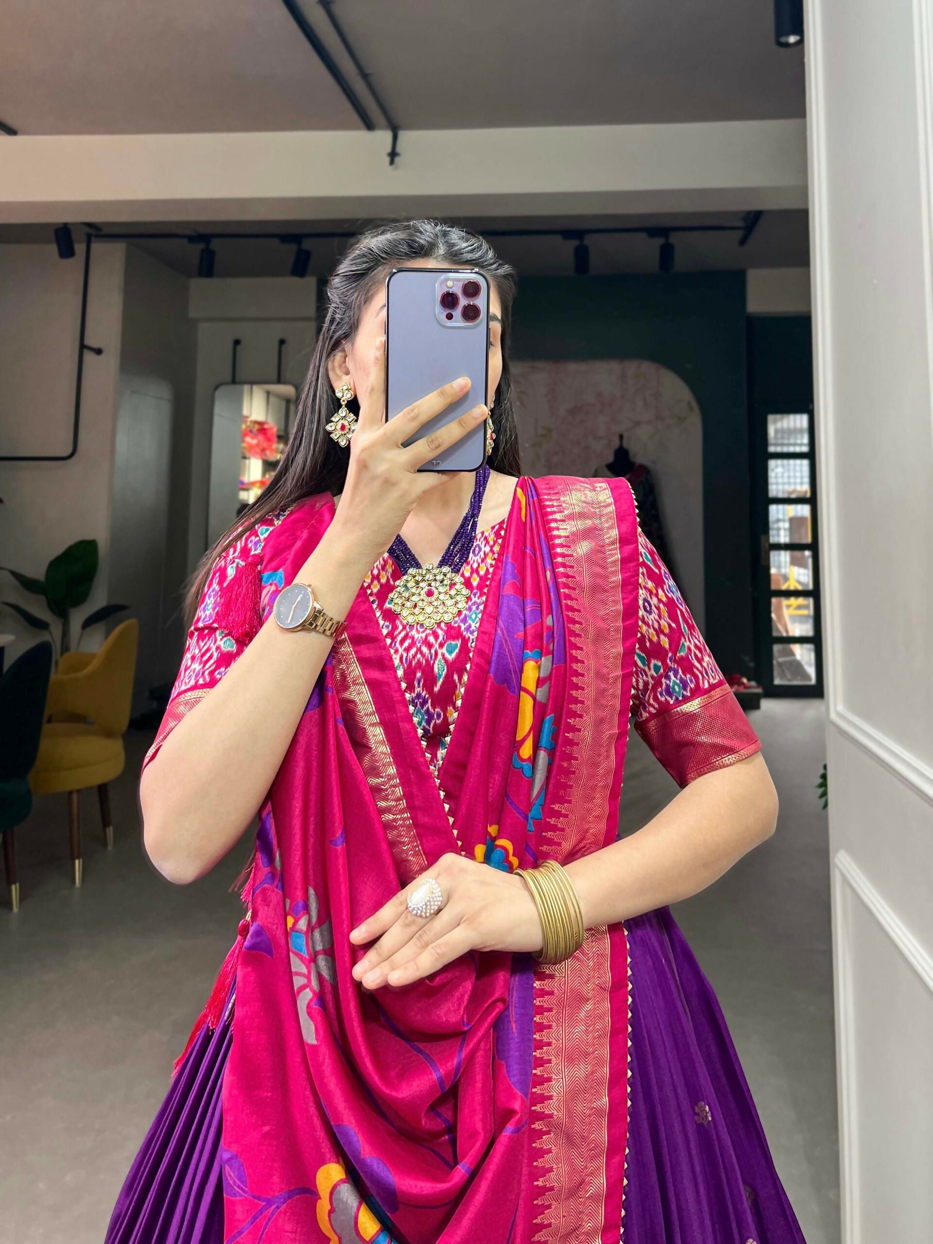 Vastranavya Stunning Look Tussar Silk Printed With Foil Work Indian Lehenga Choli - Purple | Grocsy