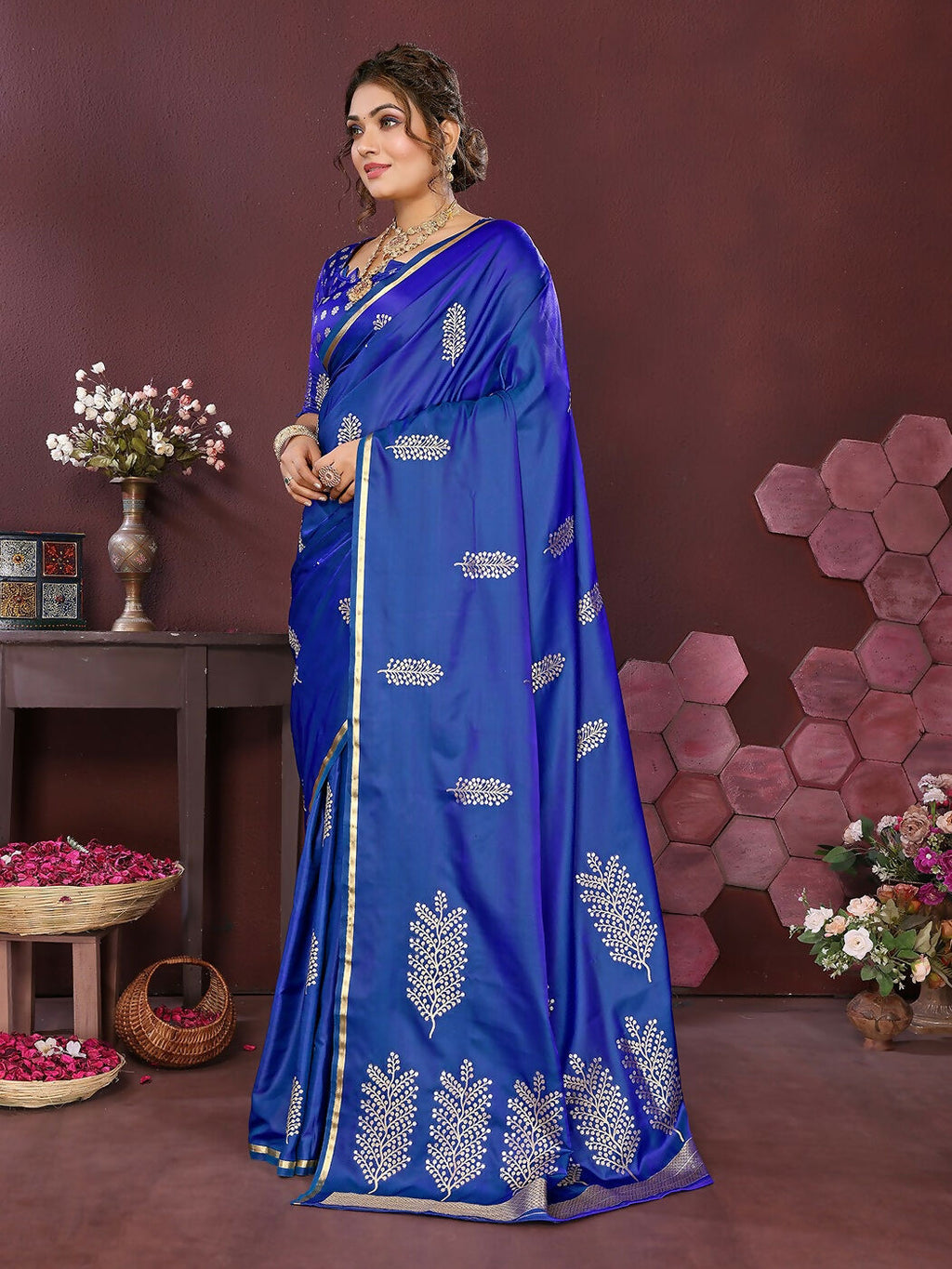 Joban Fashion Royal Blue Floral Motifs Banarasi Silk Sarees | Grocsy