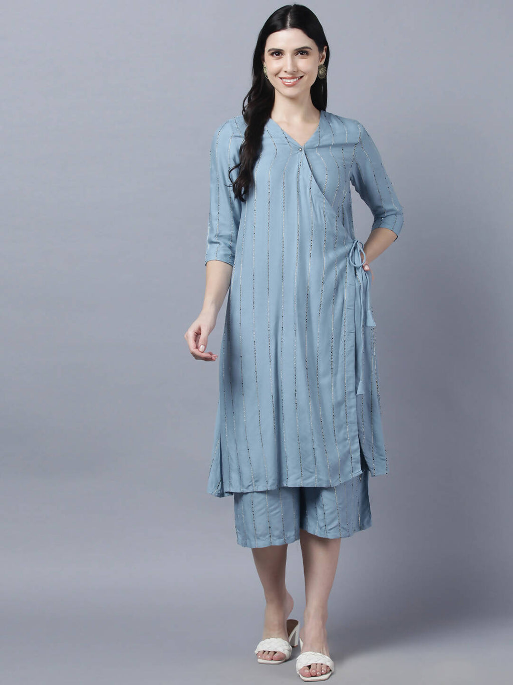 Myshka Stylish Grey Viscose 3/4 Sleeve Women's Kurta Palazzo Set | Grocsy